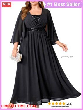 Plus Size Formal Maxi Dress Sequin Chiffon Cape Sleeve Mother of Bride